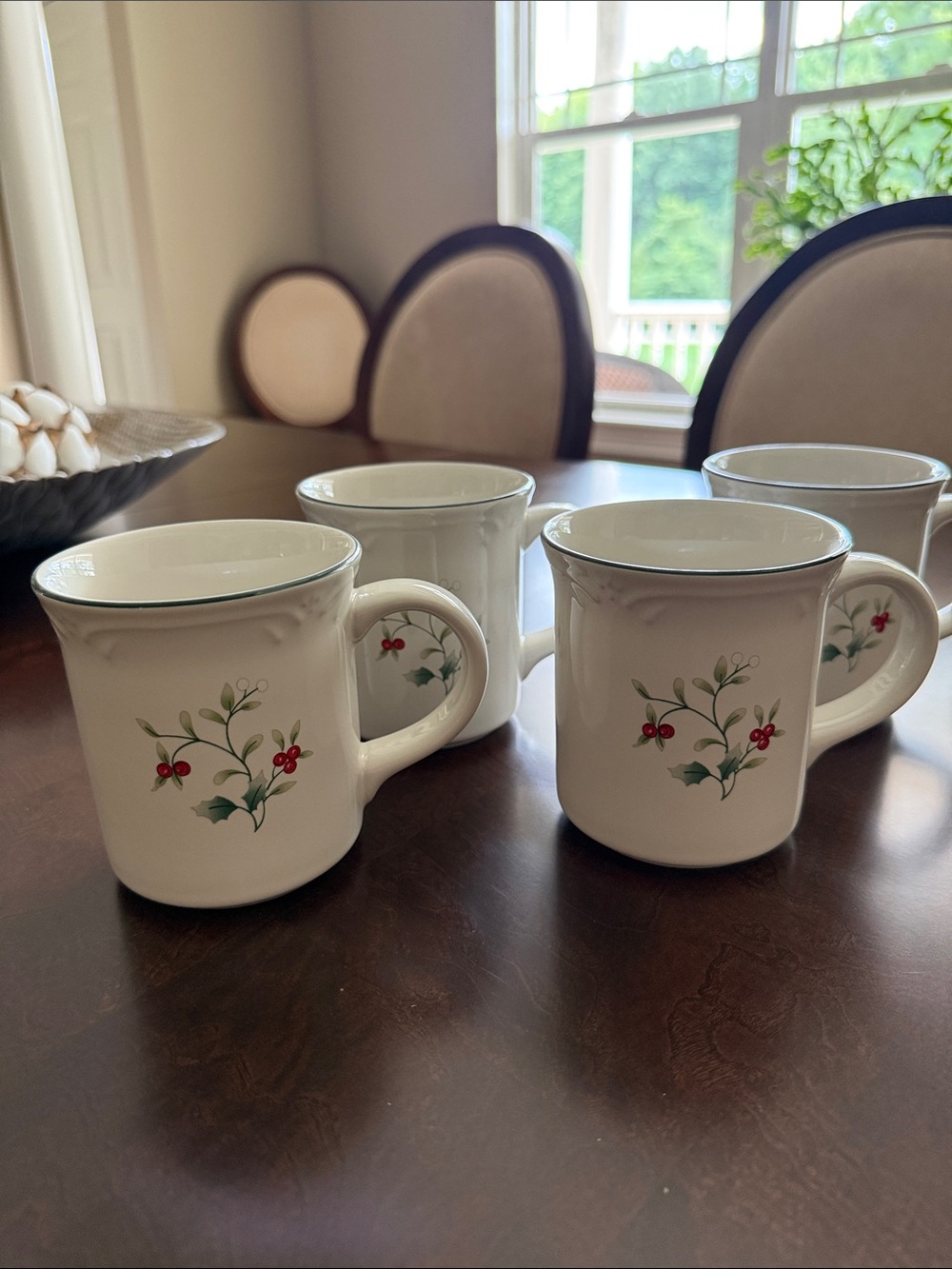 Pfaltzgraff Winterberry Holiday Mugs with Green Holly and Red Berries